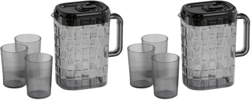 طقم إبريق ماء من الأكريليك مع 3 أكواب، إبريق عصير أنيق من البلاستيك الشفاف والمدخن، وعاء تقديم مشروبات متين وخفيف الوزن للماء والعصير والمشروبات، أدوات مائدة أنيقة للمنزل (Fameh 2 إبريق، 6 أكواب)